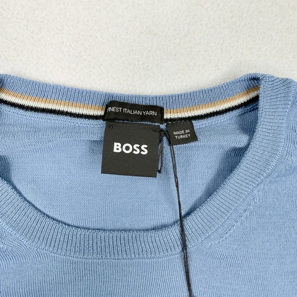 Boss Leno P Virgin Italian Wool Crewneck Sweater L Mens Pastel Blue Light NWT - Picture 4 of 9